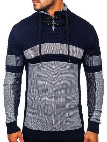 Suéter grueso con cuello alto para hombre color azul oscuro Bolf 1053