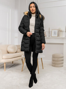 Abrigo de invierno chaqueta con capucha con pelo para mujer negro y marrón Bolf 16M9121