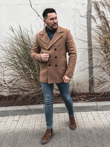 Abrigo de invierno cruzado camel para hombre con cuello alto Bolf 8801