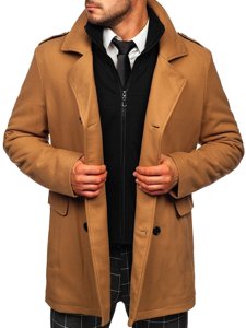 Abrigo de invierno cruzado camel para hombre con cuello alto extraíble adicional Bolf 8805