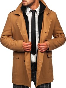 Abrigo de invierno cruzado camel para hombre con cuello alto extraíble adicional Bolf 8805