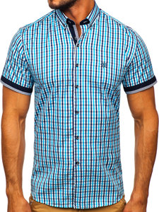 Camisa a cuadros de manga corta para hombre turquesa Bolf 4510