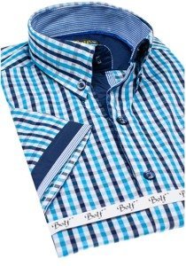 Camisa a cuadros de manga corta para hombre turquesa Bolf 4510