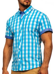 Camisa a cuadros de manga corta para hombre turquesa Bolf 6522