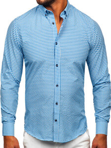 Camisa a cuadros de manga larga para hombre azul claro Bolf 22745