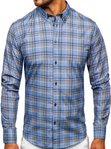 Camisa a cuadros de manga larga para hombre azul oscuro Bolf 22748