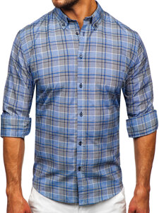 Camisa a cuadros de manga larga para hombre azul oscuro Bolf 22748