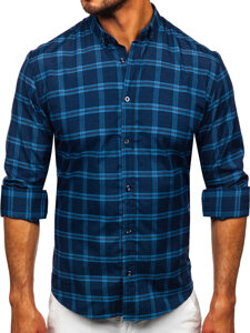 Camisa a cuadros de manga larga para hombre azul oscuro Bolf 22749