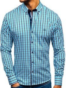 Camisa a cuadros vichy de mana larga para hombre turquesa Bolf 4712