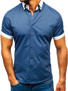 Camisa a rayas con manga corta para hombre azul oscuro Bolf 1808