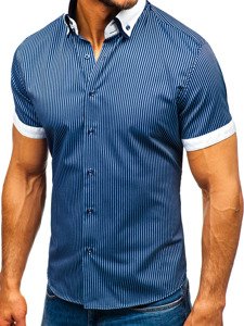 Camisa a rayas con manga corta para hombre azul oscuro Bolf 1808