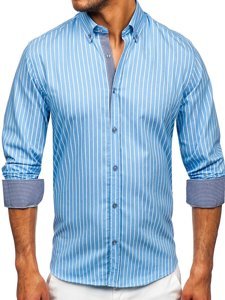 Camisa a rayas con manga larga para hombre color azul celeste Bolf 20731