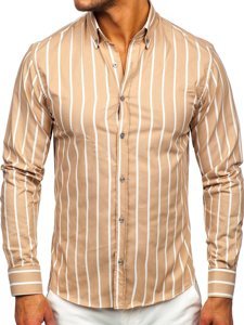 Camisa a rayas con manga larga para hombre color beige Bolf 20730