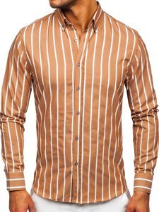 Camisa a rayas con manga larga para hombre color camel Bolf 20730