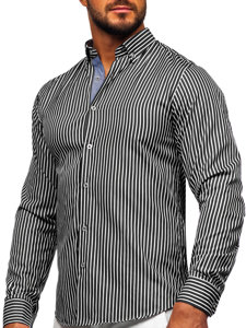 Camisa a rayas de manga larga para hombre Negro Bolf 22730