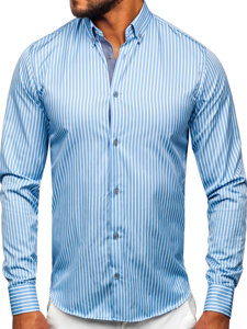 Camisa a rayas de manga larga para hombre azul claro Bolf 22730