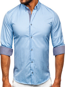 Camisa a rayas de manga larga para hombre azul claro Bolf 22730