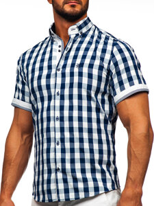 Camisa con manga corta a cuados para hombre color azul oscuro Bolf 4508