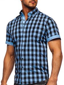 Camisa con manga corta a cuados para hombre color negro y azul celeste Bolf 4508