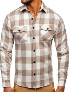 Camisa de franela a manga larga para hombre color beige Bolf 20723