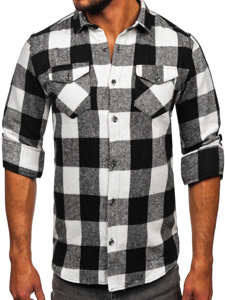 Camisa de franela a manga larga para hombre color blanco y negro Bolf 20723