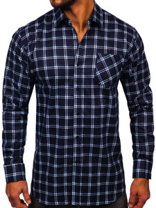 Camisa de franela a rayas a manga larga para hombre color azul oscuro Bolf F7