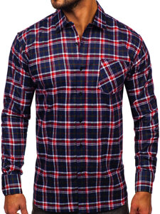 Camisa de franela a rayas a manga larga para hombre color azul oscuro y rojo Bolf F7