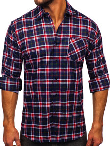 Camisa de franela a rayas a manga larga para hombre color azul oscuro y rojo Bolf F7