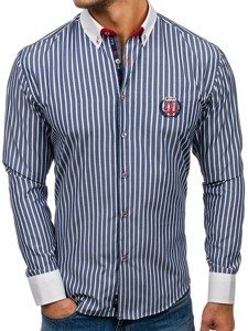 Camisa de rayas de manga larga para hombre azul oscuro Bolf 1771