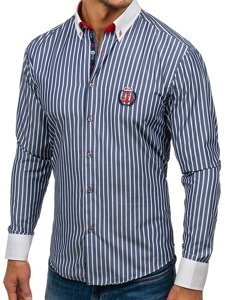 Camisa de rayas de manga larga para hombre azul oscuro Bolf 1771