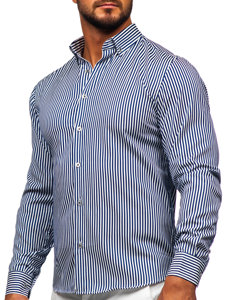 Camisa de rayas de manga larga para hombre azul oscuro Bolf 22731