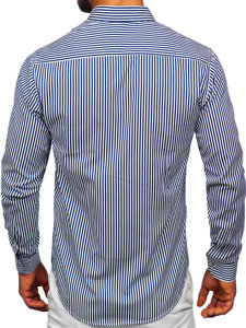 Camisa de rayas de manga larga para hombre azul oscuro Bolf 22731