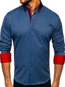 Camisa de rayas de manga larga para hombre  azul oscuro Bolf 2751