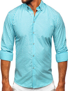 Camisa de rayas de manga larga para hombre azul turquesa Bolf 22731