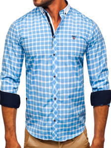 Camisa elegante a cuadros de manga larga para hombre azul claro Bolf 5737-1