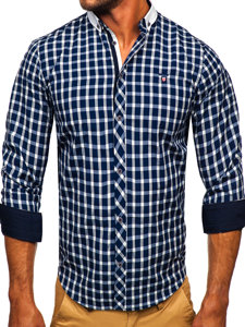 Camisa elegante a cuadros de manga larga para hombre azul oscuro Bolf 5737-1