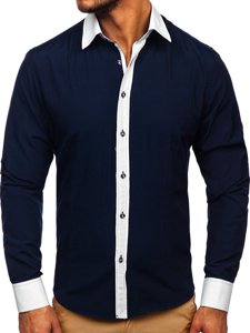 Camisa elegante a manga larga para hombre color azul oscuro Bolf 6882