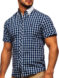 Camisa elegante de cuadros para hombre con manga corta azul marino Bolf 5531