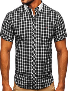 Camisa elegante de cuadros para hombre con manga corta negro Bolf 5531