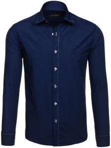 Camisa elegante de manga larga azul oscuro para hombre Bolf 4719