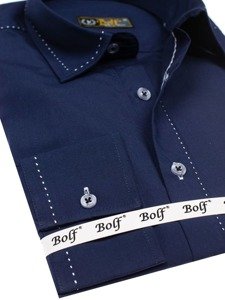 Camisa elegante de manga larga azul oscuro para hombre Bolf 4719