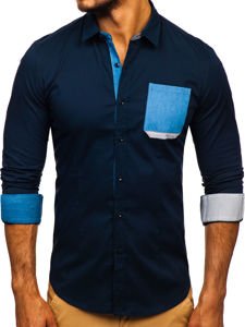 Camisa elegante de manga larga azul oscuro para hombre Bolf 7192