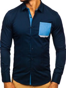 Camisa elegante de manga larga azul oscuro para hombre Bolf 7192