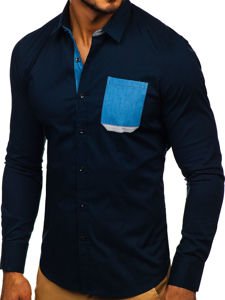 Camisa elegante de manga larga azul oscuro para hombre Bolf 7192