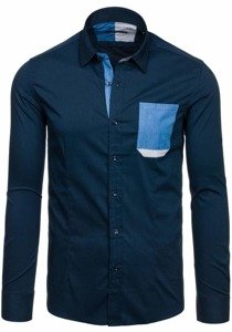 Camisa elegante de manga larga azul oscuro para hombre Bolf 7192