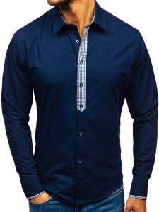 Camisa elegante de manga larga para hombre azul oscuro Bolf 0939