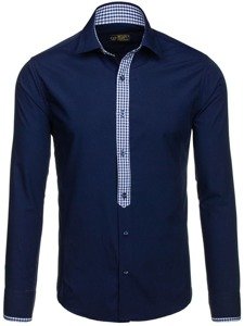 Camisa elegante de manga larga para hombre azul oscuro Bolf 0939