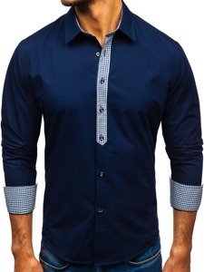 Camisa elegante de manga larga para hombre azul oscuro Bolf 0939