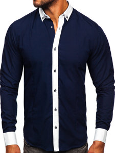 Camisa elegante de manga larga para hombre azul oscuro Bolf 21750