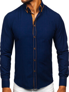 Camisa elegante de manga larga para hombre azul oscuro Bolf 3703